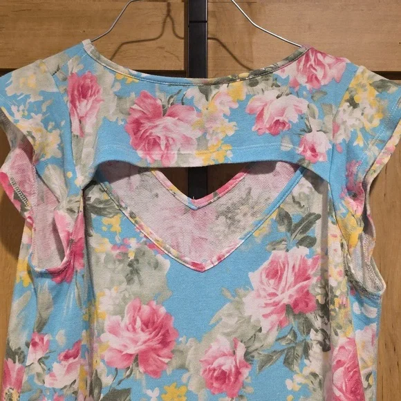 (J32) Zine Clothing Floral Short Sleeve Top - Pink and Blue Sz S - Picture 4 of 5
